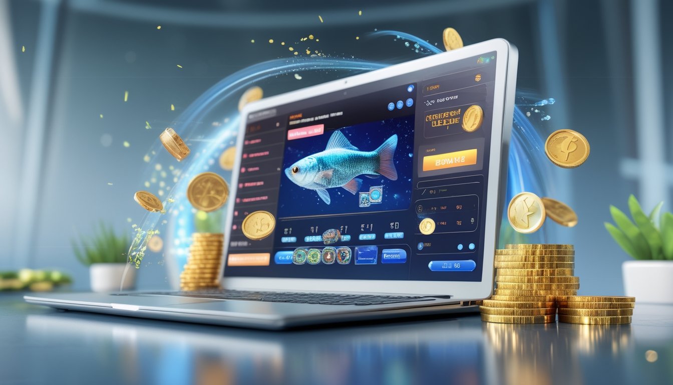 Seorang pengguna sedang bermain permainan tembak ikan online di komputer dengan ikon koin dan bonus mengelilingi layar.