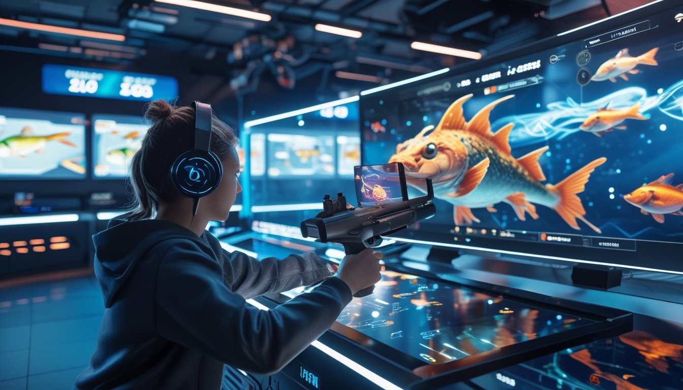 Seorang pemain fokus menembak ikan naga besar dalam permainan tembak ikan online dengan latar belakang lingkungan permainan digital futuristik.