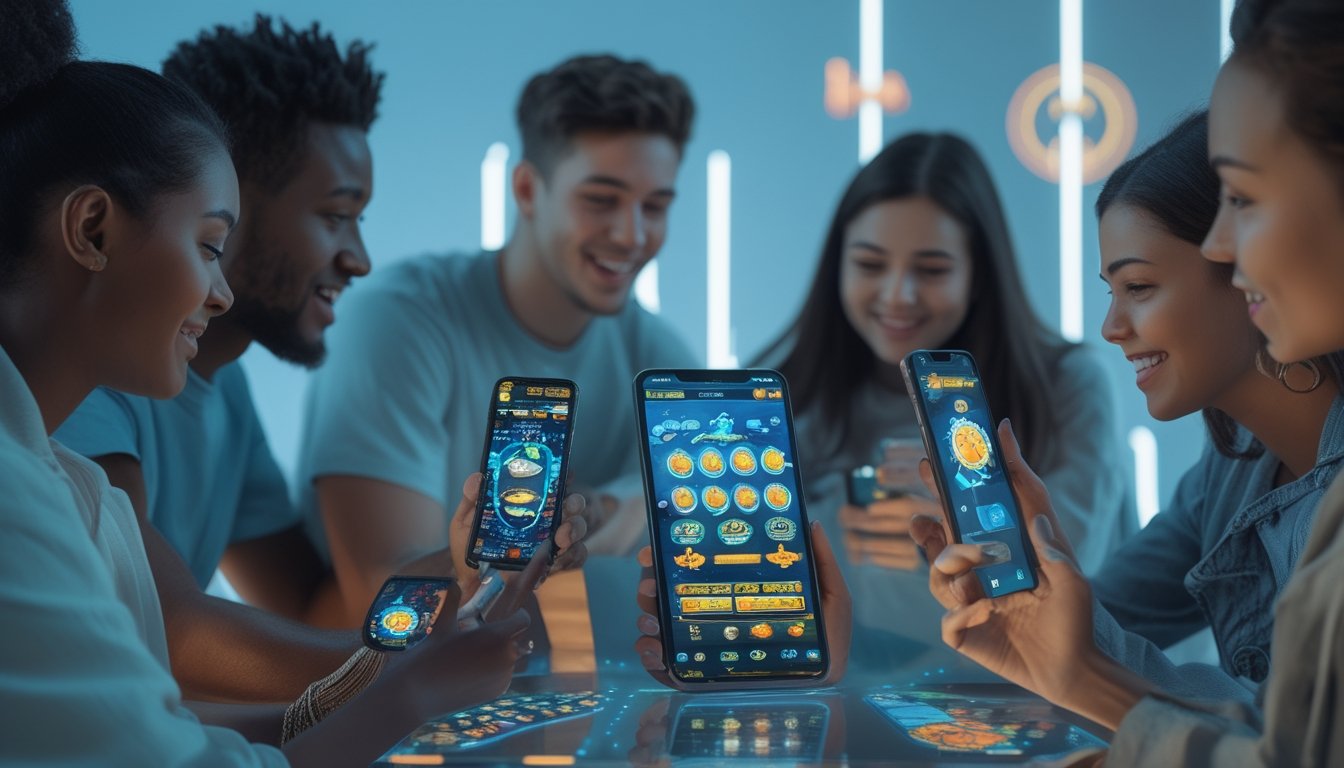 Sekelompok orang muda bermain game tembak ikan di perangkat digital dengan latar belakang teknologi futuristik.
