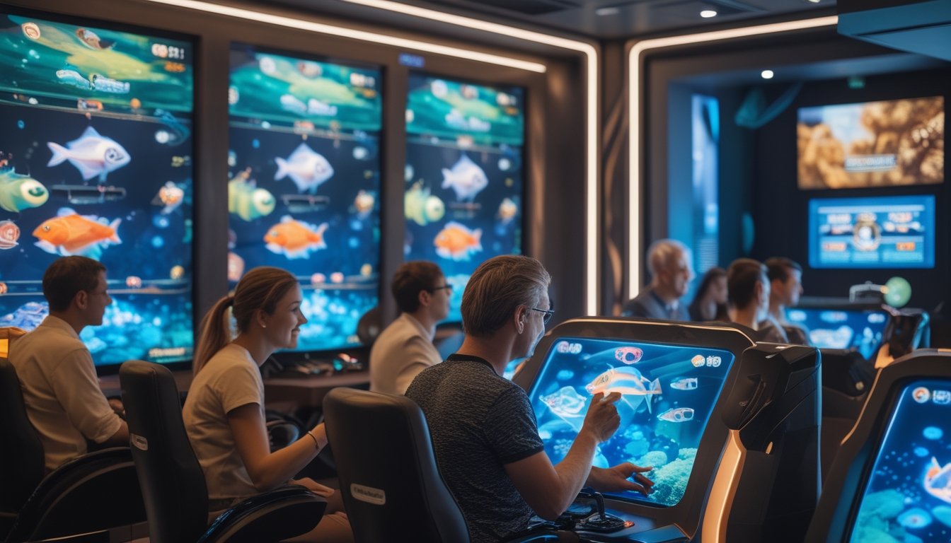 Beberapa orang sedang bermain game tembak ikan multiplayer di sebuah ruang VIP yang mewah dengan layar permainan berwarna-warni dan suasana yang nyaman.