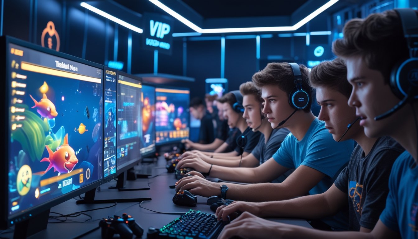 Sekelompok orang muda sedang bermain game tembak ikan secara multiplayer di ruangan gaming dengan monitor besar dan pencahayaan futuristik.