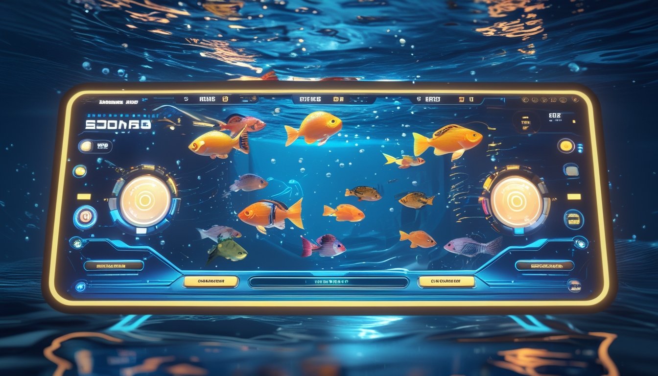 Tampilan antarmuka permainan menembak ikan dengan grafis warna-warni di bawah laut.