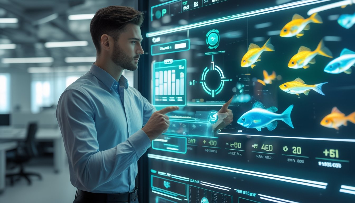 Seseorang menggunakan layar sentuh digital dengan grafik ikan berwarna-warni di kantor teknologi modern.