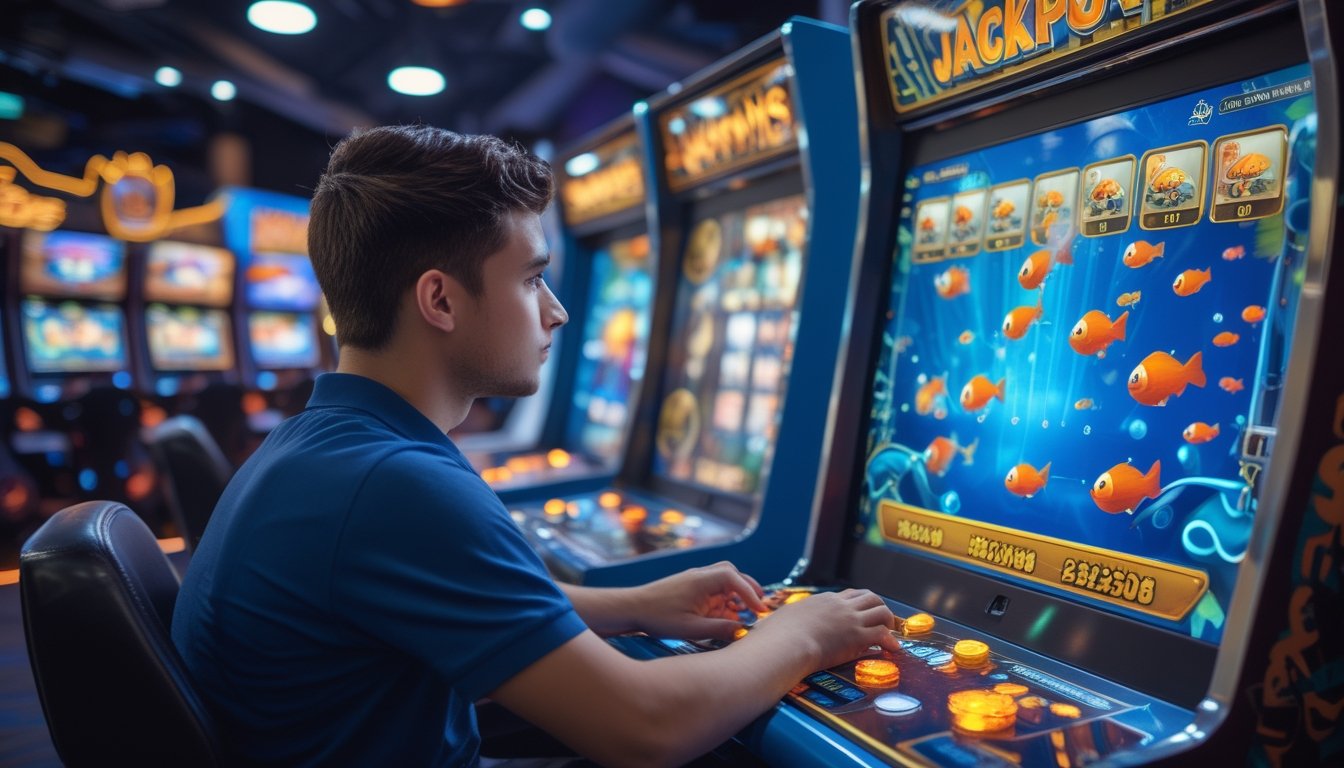 Seorang pria muda fokus bermain mesin judi tembak ikan di arcade dengan layar penuh warna dan simbol jackpot.