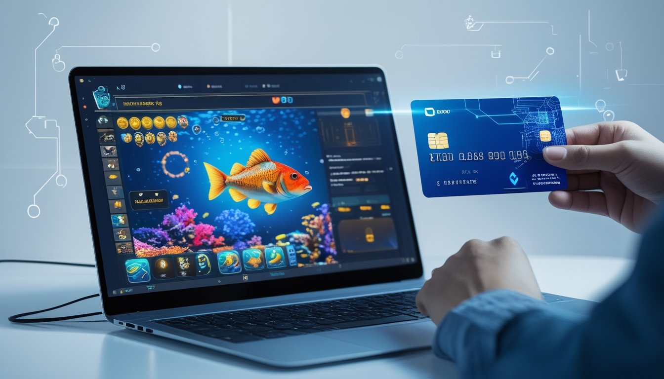 Seseorang menggunakan ponsel dengan tampilan permainan ikan dan memegang kartu pembayaran digital di meja yang rapi.