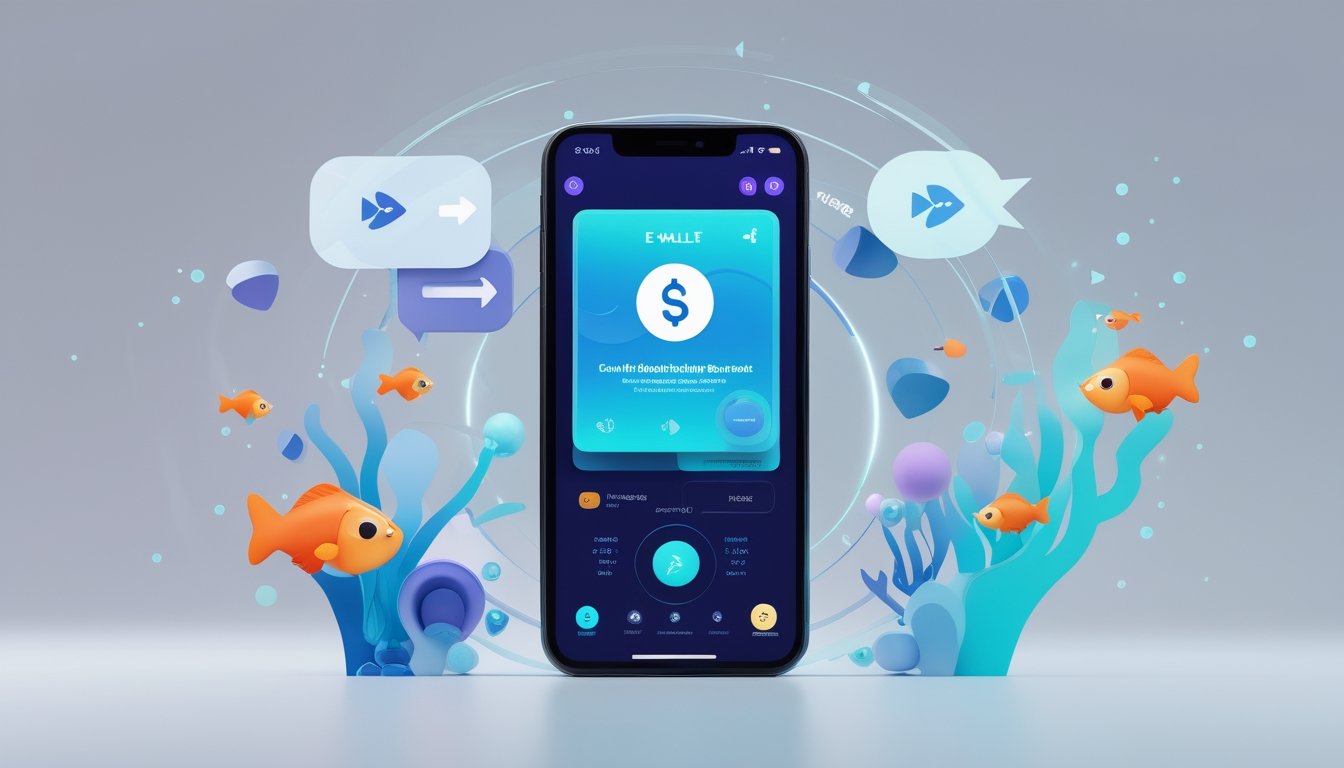 Sebuah ponsel pintar menampilkan aplikasi e-wallet dengan latar belakang tema permainan tembak ikan dan elemen bawah laut.