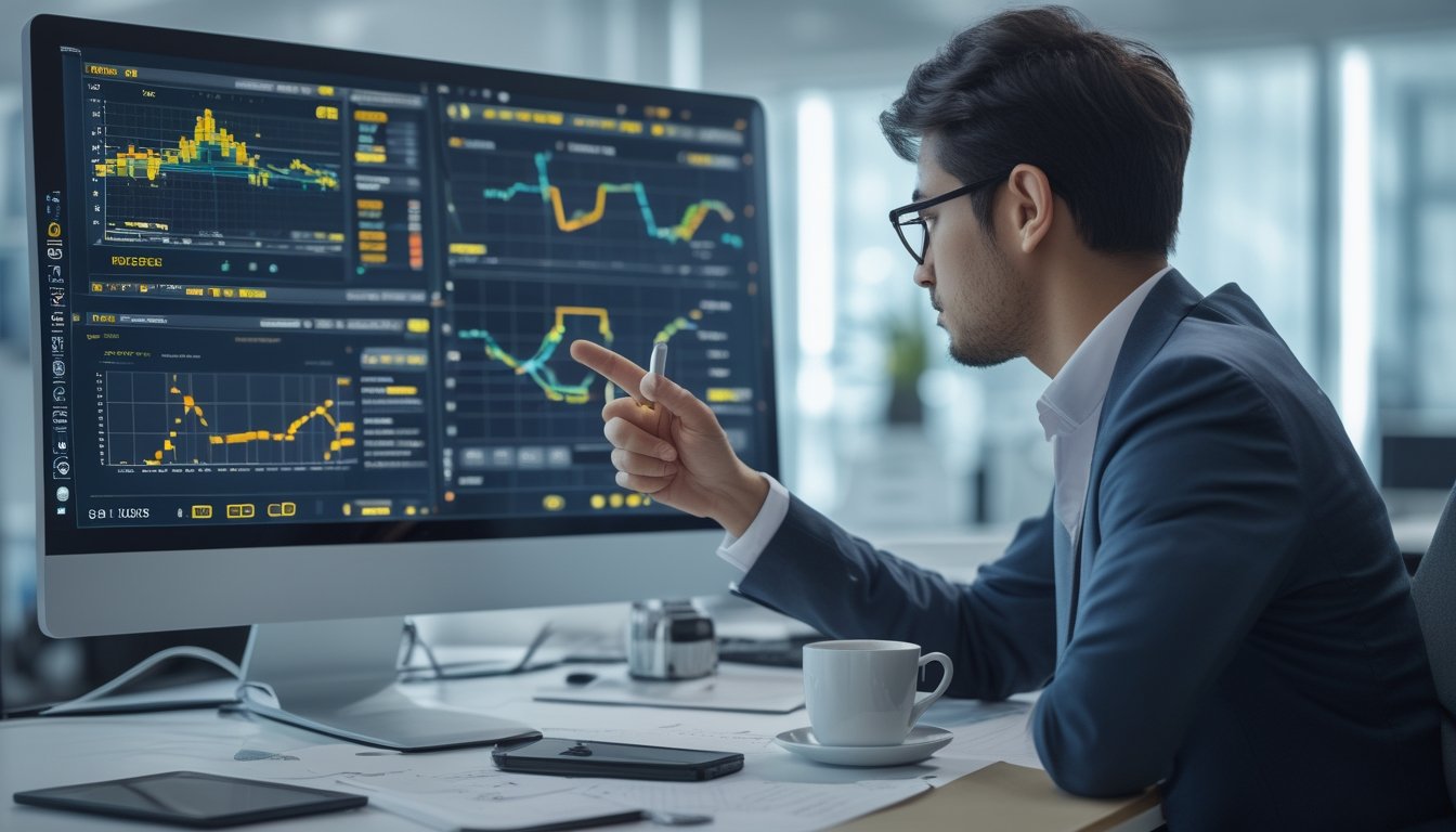 Seorang profesional sedang menganalisis data di depan layar komputer besar dengan grafik dan elemen permainan tembak ikan, di sebuah ruang kantor modern yang terang.