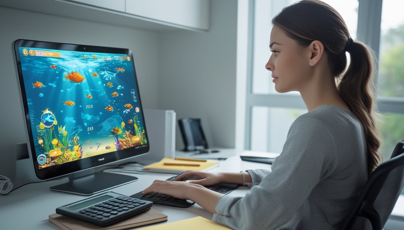 Seorang wanita muda fokus mengatur keuangan sambil bermain permainan tembak ikan online di laptop di meja kerja modern.