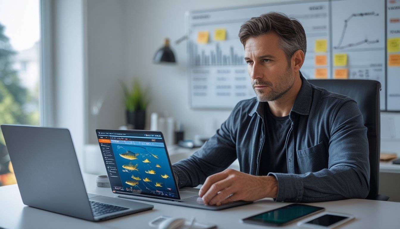 Seorang pria dewasa duduk di meja kerja dengan perangkat digital yang menampilkan permainan tembak ikan online, terlihat fokus dan sedang mengatur strategi.