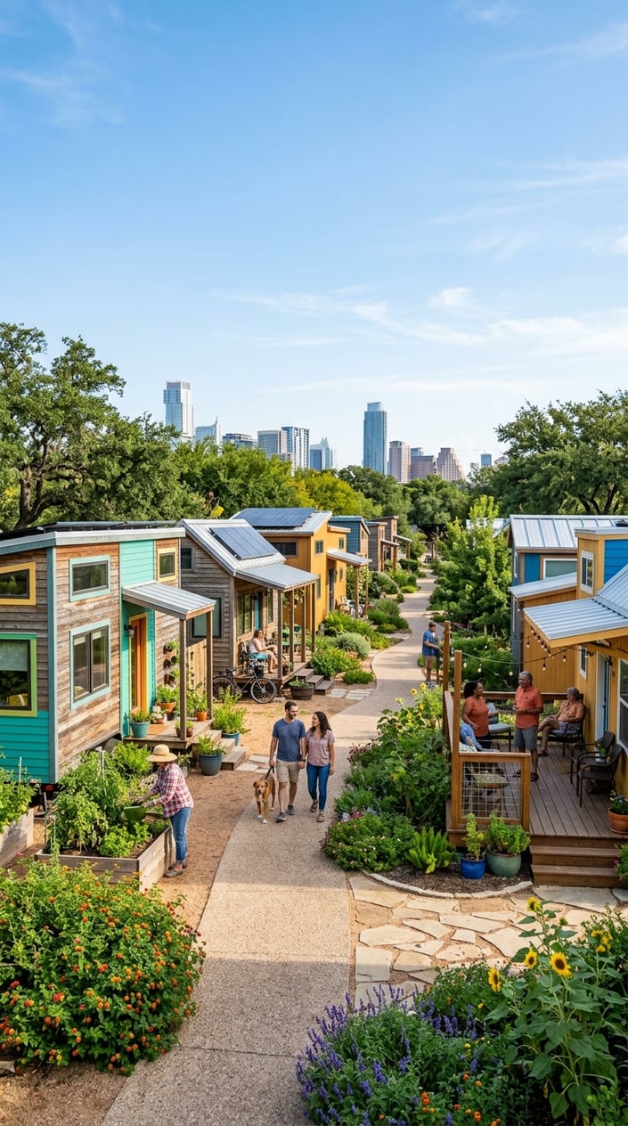 Best Tiny Home Communities in Austin, Texas: Compare Prices, Amenities & Locations 1 A tiny home community with several small colorful houses, green lawns, trees, and people walking and socializing outdoors with a city skyline in the background.