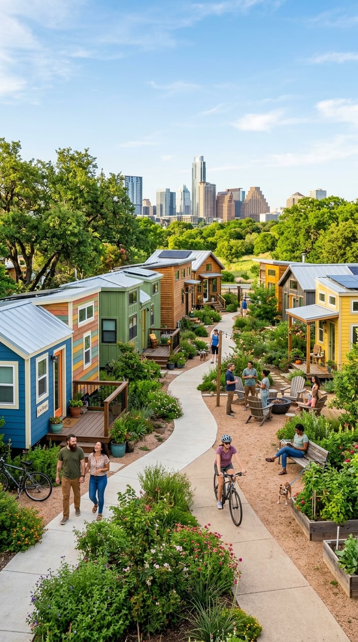 Best Tiny Home Communities in Austin, Texas: Compare Prices, Amenities & Locations 3 A sunny tiny home community with colorful small houses, green trees, and people walking and socializing outdoors.
