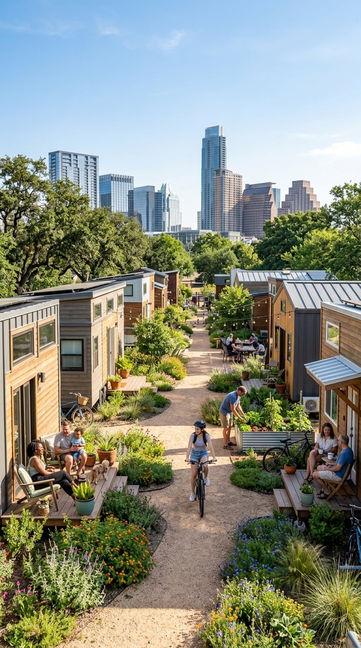 Best Tiny Home Communities in Austin, Texas: Compare Prices, Amenities & Locations 4 A tiny home community with modern small houses surrounded by trees and greenery, with the Austin city skyline in the background and people walking along a pathway.