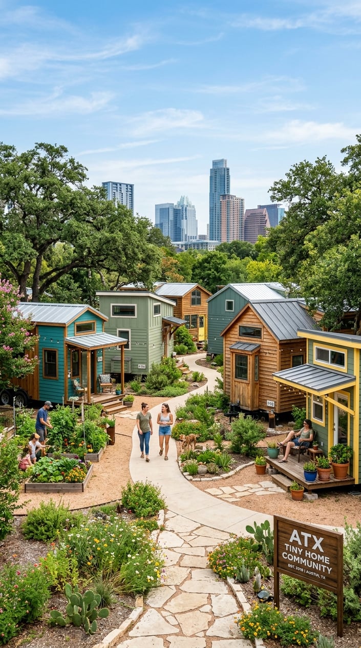 Best Tiny Home Communities in Austin, Texas: Compare Prices, Amenities & Locations 6 A tiny home community with small colorful houses surrounded by trees and gardens, with the Austin city skyline visible in the background under a clear sky.
