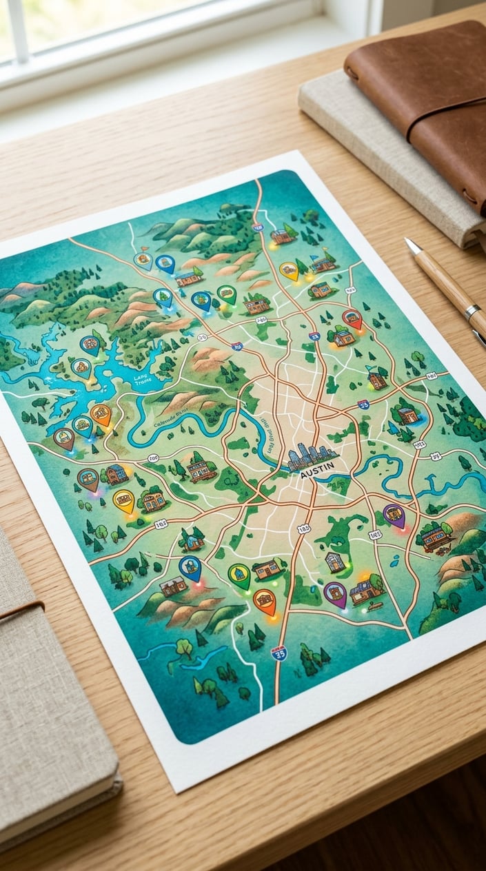 Best Tiny Home Communities in Austin, Texas: Compare Prices, Amenities & Locations 7 A detailed map showing tiny home community locations near Austin, Texas, with natural landscapes and markers indicating different areas.