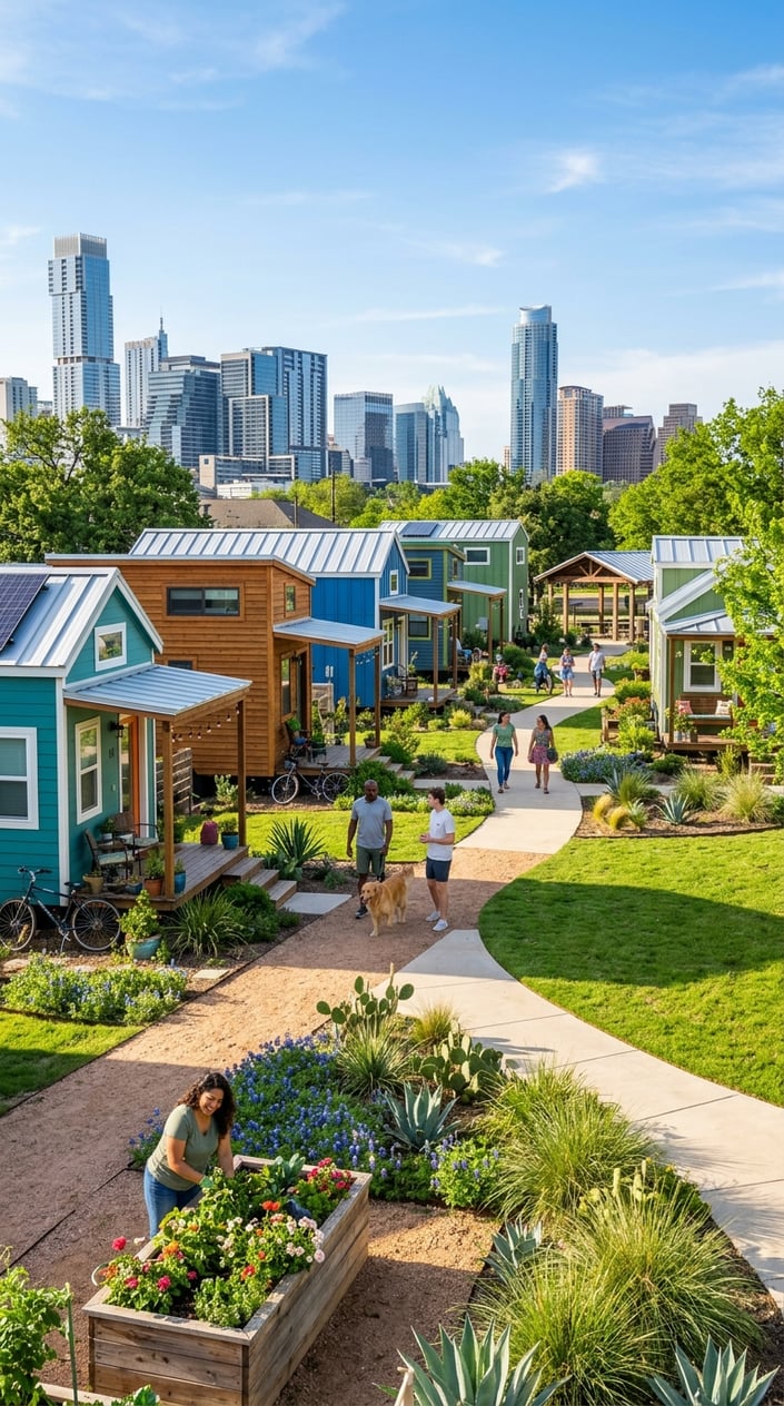 Best Tiny Home Communities in Austin, Texas: Compare Prices, Amenities & Locations 8 A tiny home community in Austin, Texas with colorful houses, green lawns, people outdoors, and the city skyline in the background.