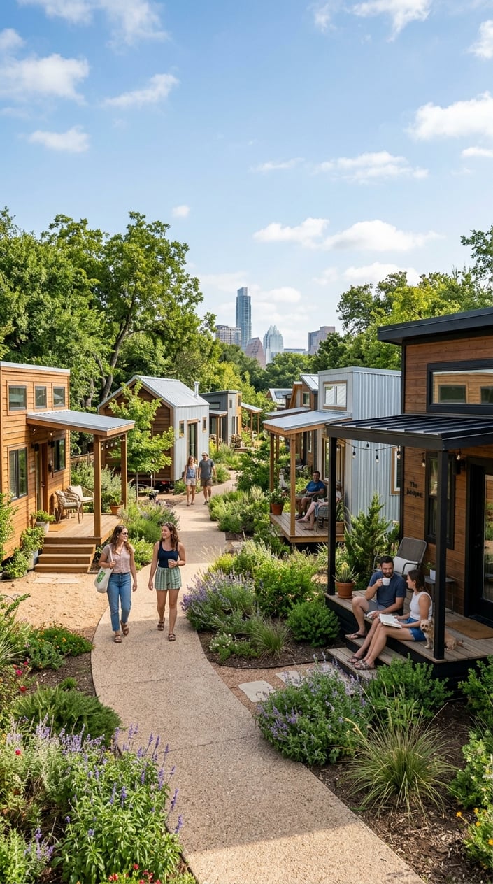 Best Tiny Home Communities in Austin, Texas: Compare Prices, Amenities & Locations 9 A peaceful tiny home community with modern small houses surrounded by trees and greenery, with people walking on a pathway and a city skyline in the distance.