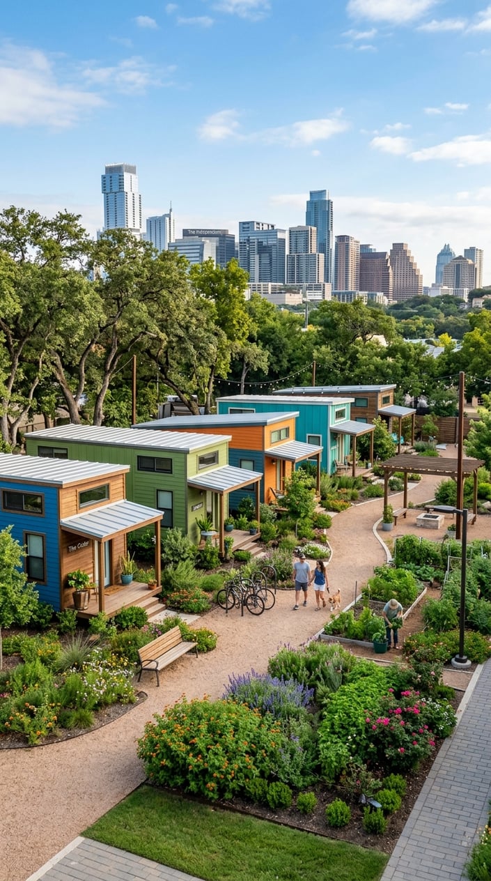 Best Tiny Home Communities in Austin, Texas: Compare Prices, Amenities & Locations 10 A tiny home community with several small houses surrounded by trees and plants, with the Austin city skyline visible in the background.