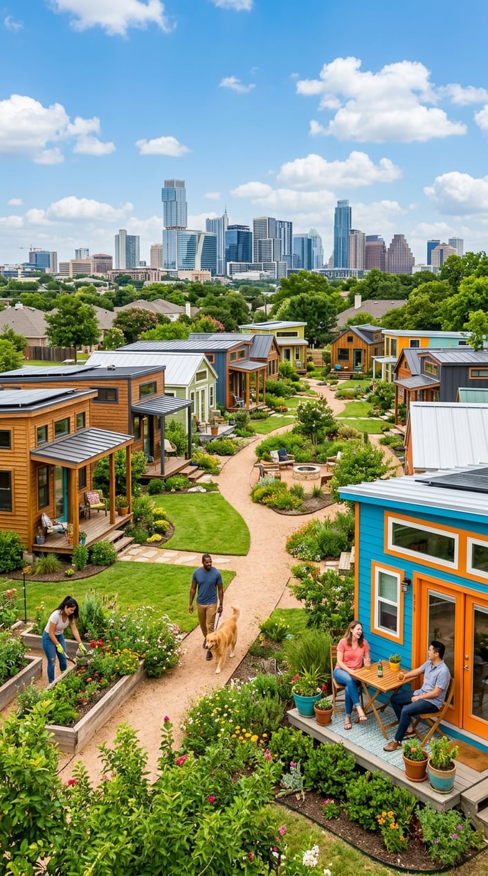 Best Tiny Home Communities in Austin, Texas: Compare Prices, Amenities & Locations 11 A tiny home community with colorful small houses, people outdoors, green lawns, and a city skyline in the background.