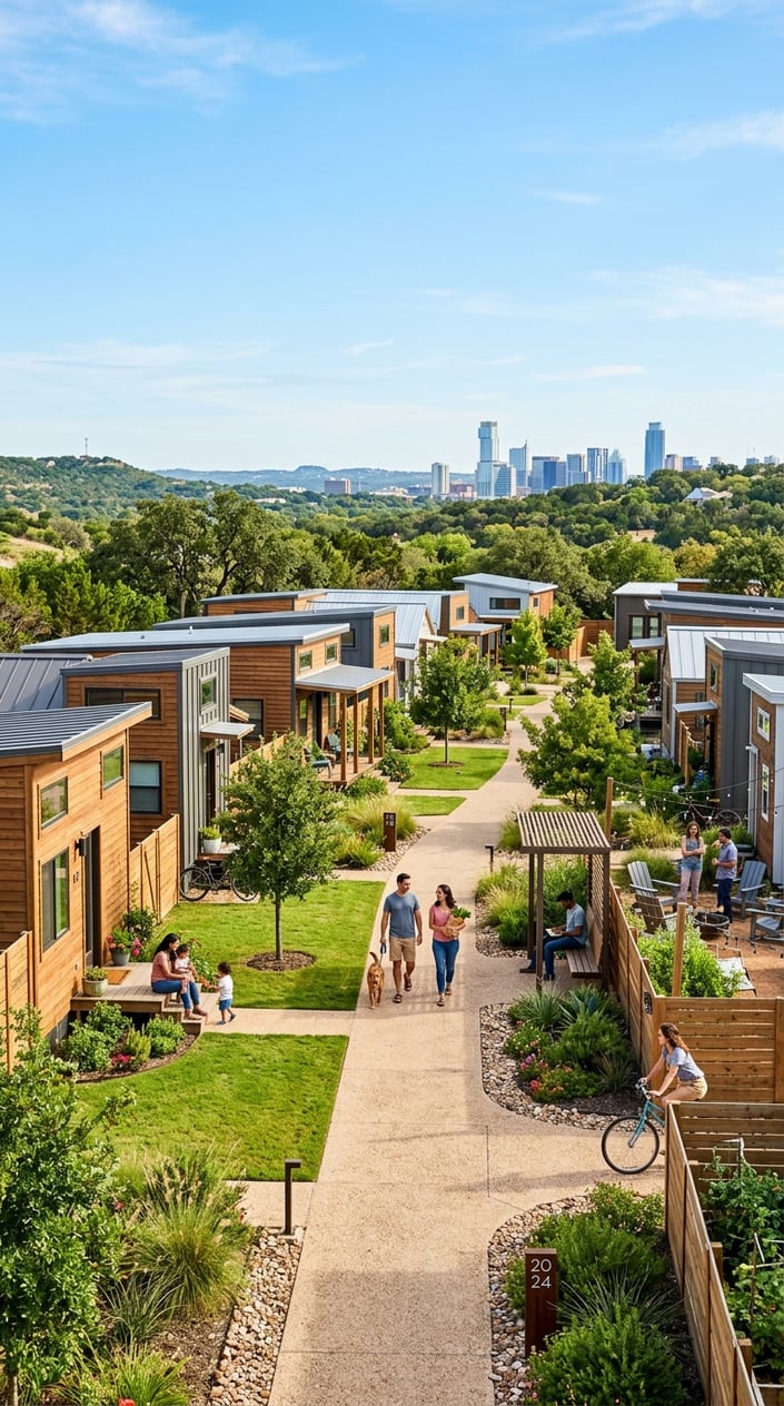 Best Tiny Home Communities in Austin, Texas: Compare Prices, Amenities & Locations 12 A peaceful tiny home community with modern small houses, green landscaping, and people enjoying the outdoor space in North Austin, Texas.