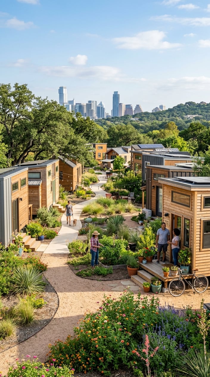 Best Tiny Home Communities in Austin, Texas: Compare Prices, Amenities & Locations 13 A peaceful tiny home community in South Austin with small modern houses, trees, and people enjoying the neighborhood on a sunny day.