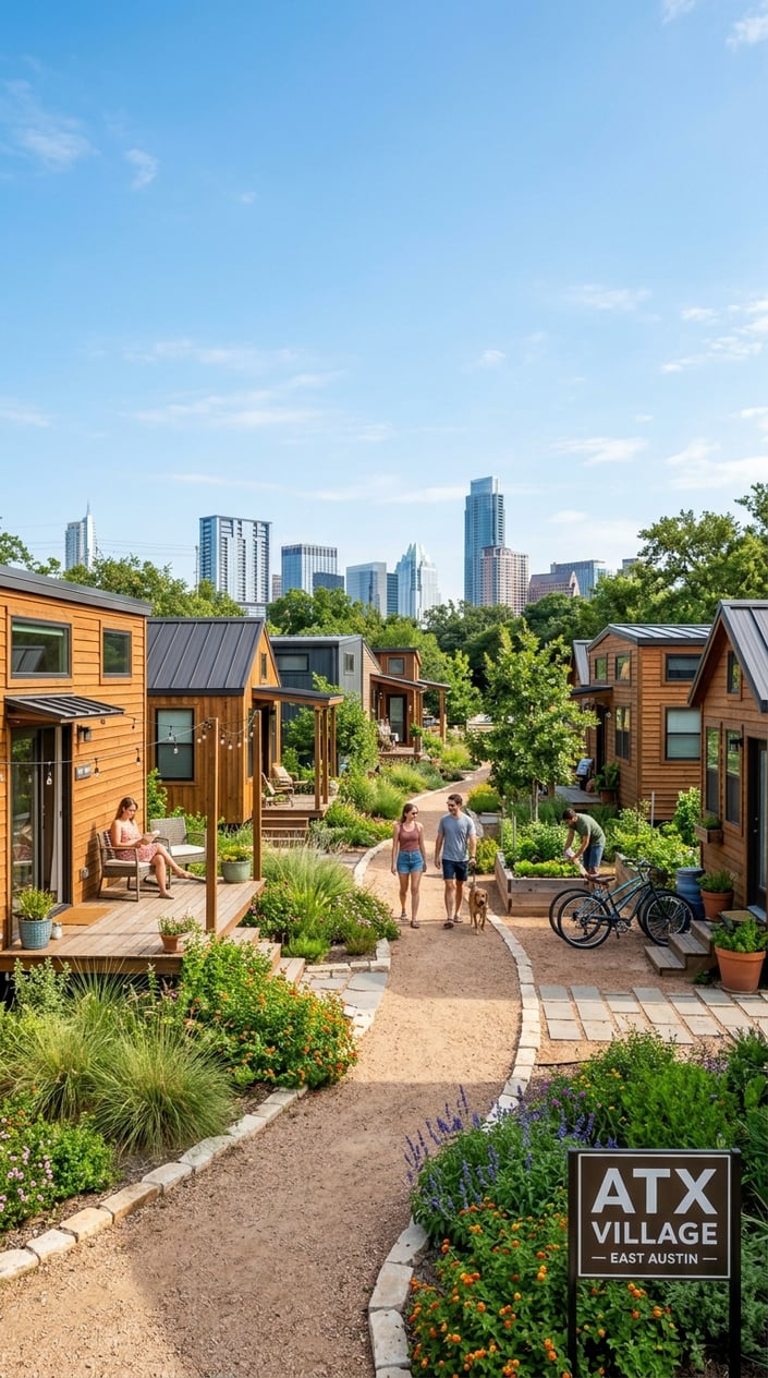 Best Tiny Home Communities in Austin, Texas: Compare Prices, Amenities & Locations 14 A sunny tiny home community with several small modern houses, green landscaping, people enjoying outdoor spaces, and a city skyline in the background.