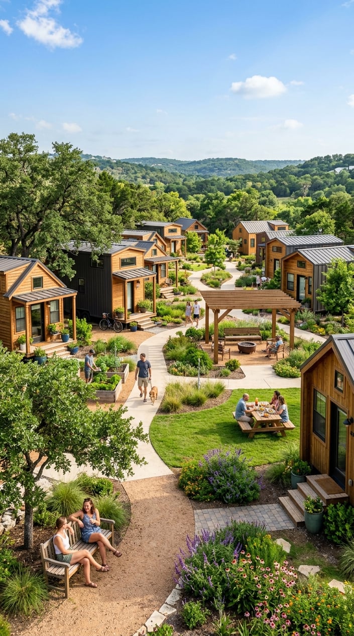 Best Tiny Home Communities in Austin, Texas: Compare Prices, Amenities & Locations 15 A tiny home community in West Austin with several small houses, green lawns, trees, and people enjoying outdoor communal spaces under a clear sky.
