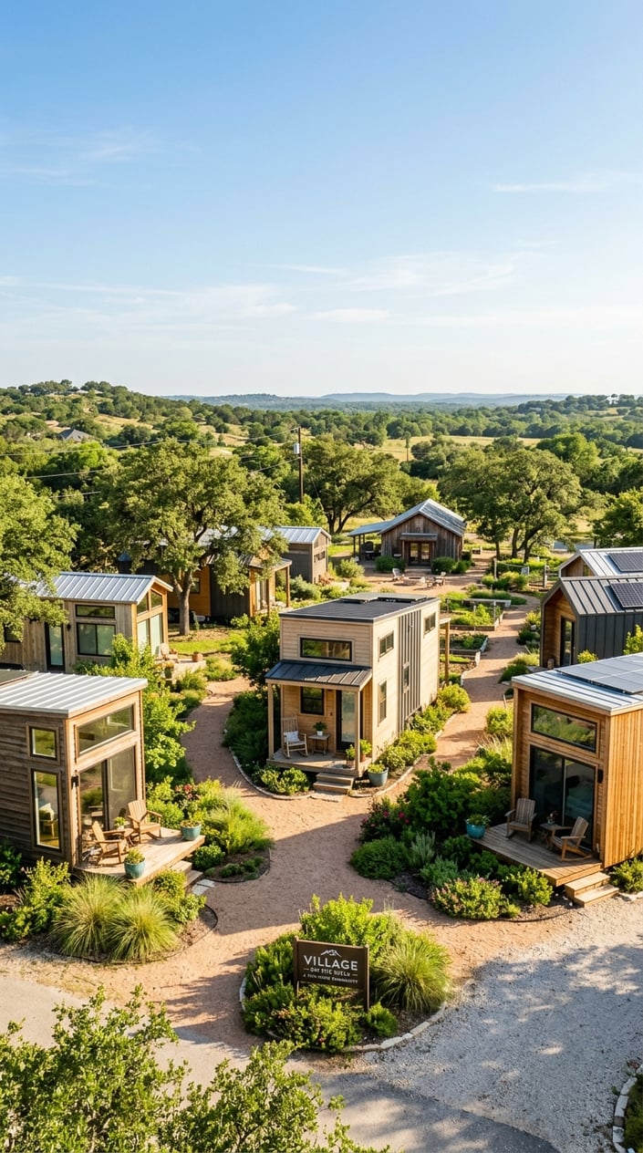 Best Tiny Home Communities in Austin, Texas: Compare Prices, Amenities & Locations 16 A peaceful tiny home community with modern small houses surrounded by trees and greenery near rolling hills.