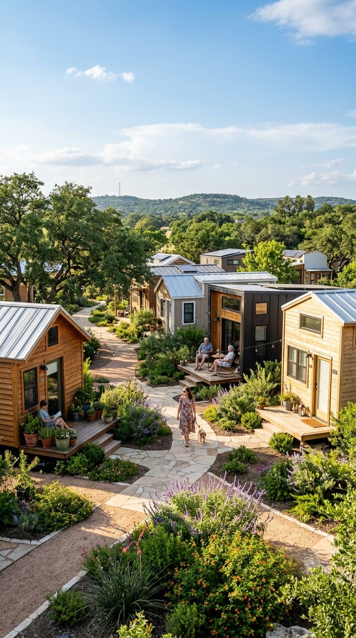 Best Tiny Home Communities in Austin, Texas: Compare Prices, Amenities & Locations 17 A tiny home community with several small houses surrounded by trees and greenery under a clear sky.