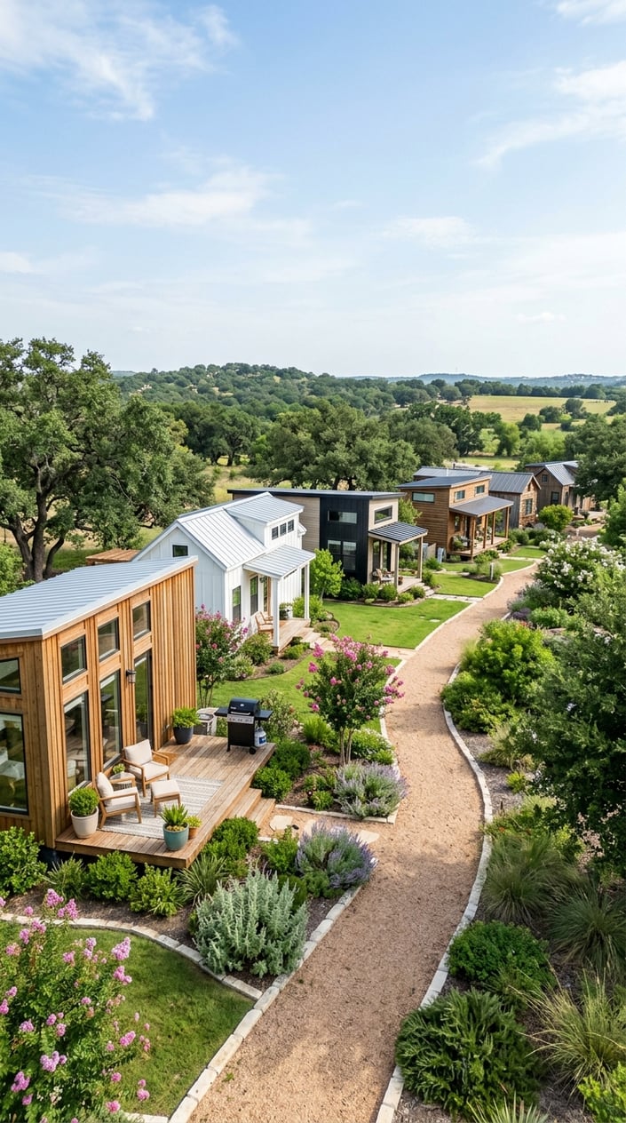 Best Tiny Home Communities in Austin, Texas: Compare Prices, Amenities & Locations 18 A peaceful tiny home community with several small modern houses surrounded by greenery and trees under a clear blue sky.