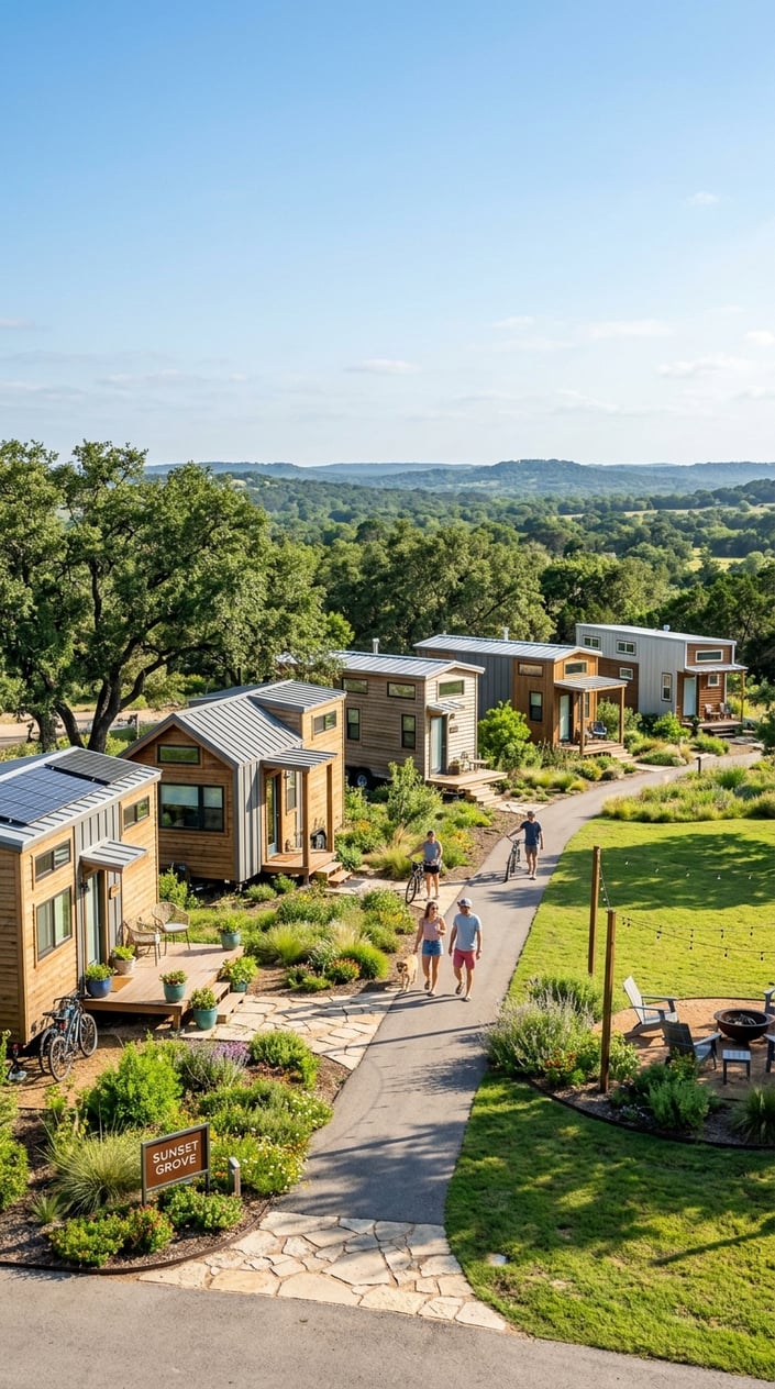 Best Tiny Home Communities in Austin, Texas: Compare Prices, Amenities & Locations 19 A peaceful tiny home community with modern small houses surrounded by trees and greenery under a clear blue sky.