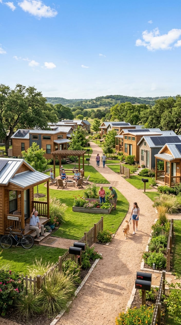 Best Tiny Home Communities in Austin, Texas: Compare Prices, Amenities & Locations 20 A small community of modern tiny homes with people walking and socializing outdoors, surrounded by greenery and hills.