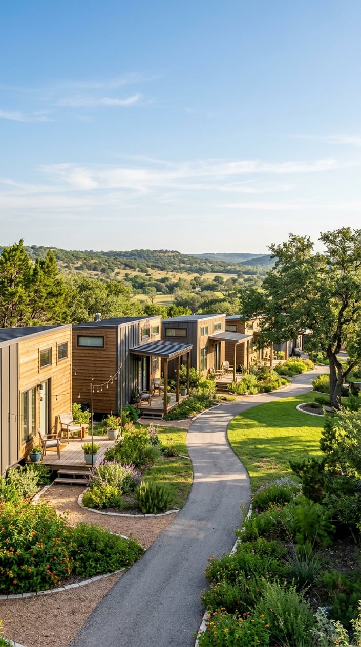 Best Tiny Home Communities in Austin, Texas: Compare Prices, Amenities & Locations 21 A peaceful tiny home community with modern small houses surrounded by green lawns, trees, and hills under a clear blue sky.