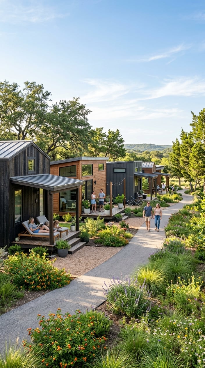Best Tiny Home Communities in Austin, Texas: Compare Prices, Amenities & Locations 22 A peaceful tiny home community with modern small houses, green trees, and people enjoying the outdoor space on a sunny day.