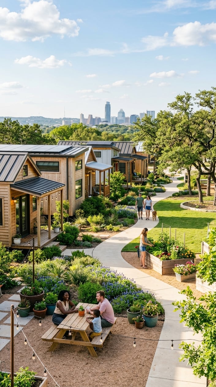 Best Tiny Home Communities in Austin, Texas: Compare Prices, Amenities & Locations 23 A peaceful tiny home community in Austin with small houses, green lawns, trees, and people enjoying outdoor spaces under a sunny sky.