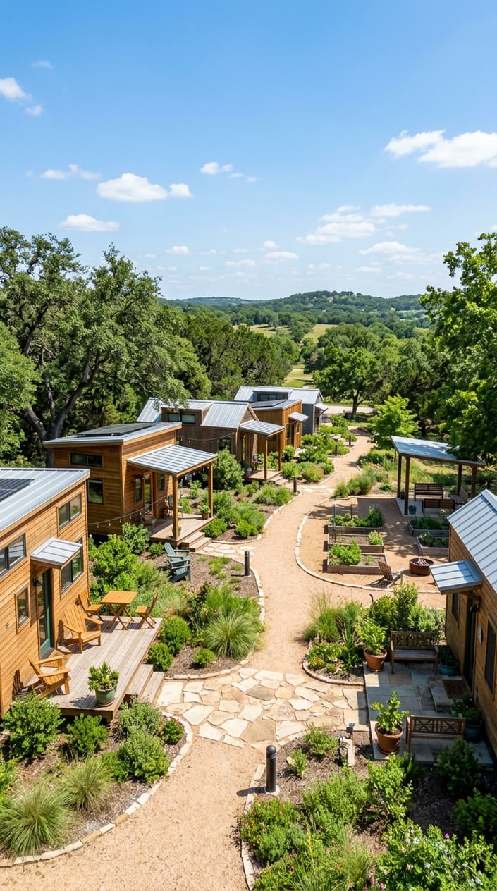 Best Tiny Home Communities in Austin, Texas: Compare Prices, Amenities & Locations 24 A peaceful tiny home community with modern small houses surrounded by trees and greenery under a clear sky.