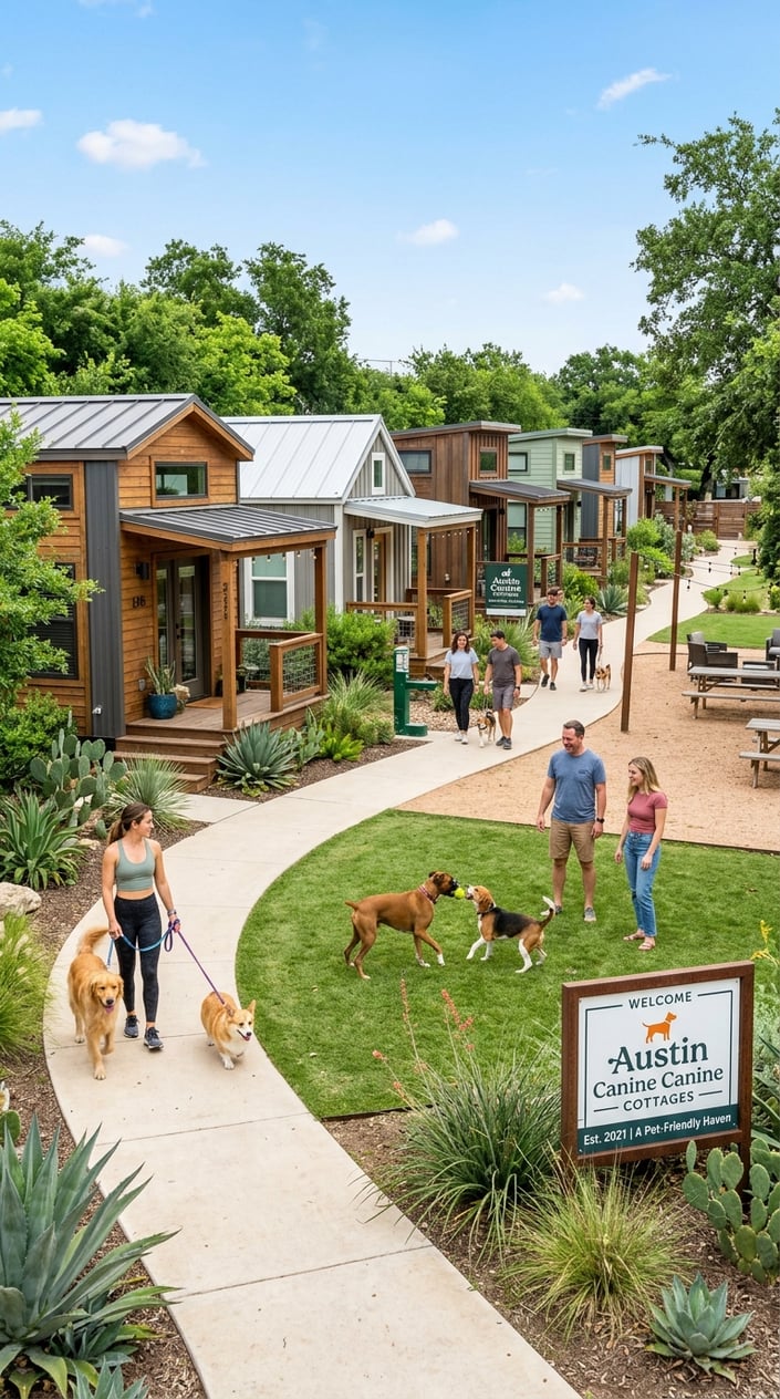 Best Tiny Home Communities in Austin, Texas: Compare Prices, Amenities & Locations 25 Tiny home community with people and dogs outdoors in a sunny neighborhood.