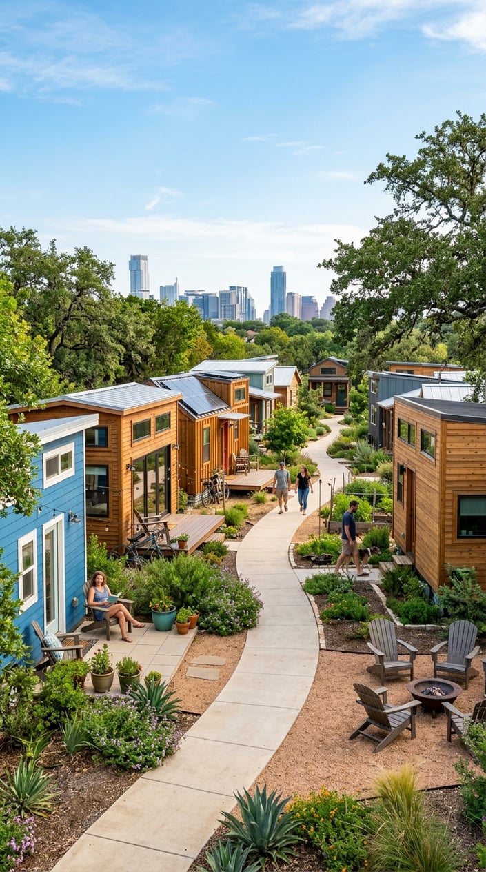 Best Tiny Home Communities in Austin, Texas: Compare Prices, Amenities & Locations 26 A tiny home community with small modern houses surrounded by trees and greenery, with people walking and the Austin city skyline in the background.
