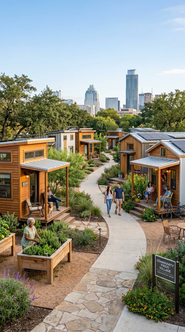 Best Tiny Home Communities in Austin, Texas: Compare Prices, Amenities & Locations 27 A tiny home community with several small houses surrounded by greenery and people interacting outdoors, with the Austin city skyline in the background.