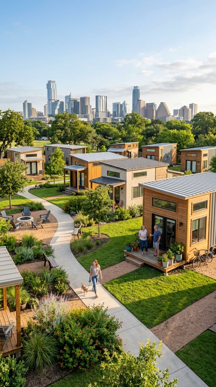 Best Tiny Home Communities in Austin, Texas: Compare Prices, Amenities & Locations 28 A tiny home community in Austin with several small modern houses, green lawns, people walking on a pathway, and the Austin city skyline in the background.