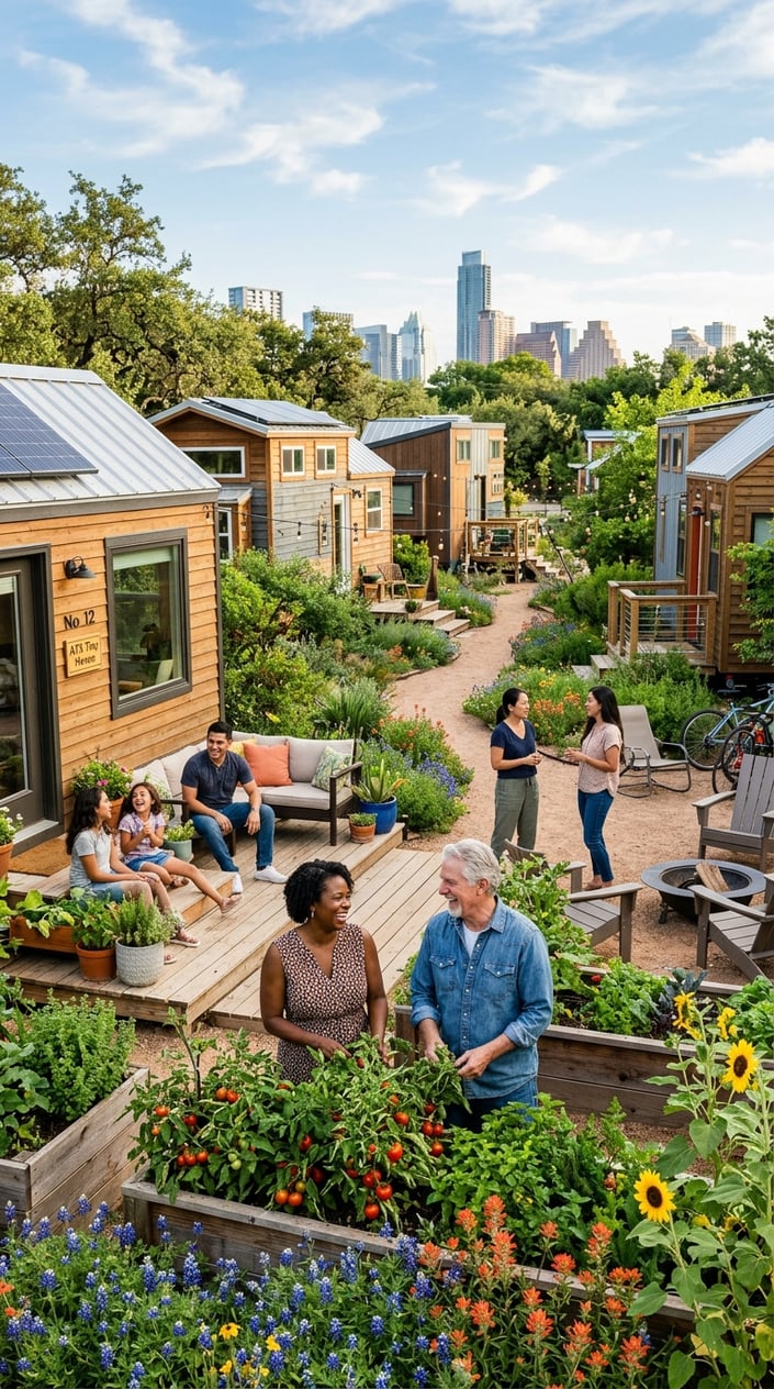 Best Tiny Home Communities in Austin, Texas: Compare Prices, Amenities & Locations 29 A diverse group of people enjoying a sunny day in a tiny home community with modern small houses, greenery, and a distant city skyline.
