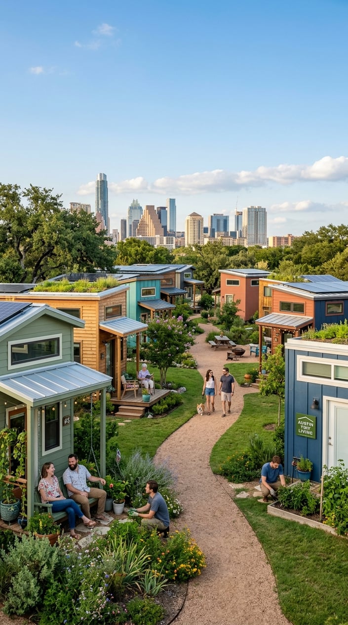 Best Tiny Home Communities in Austin, Texas: Compare Prices, Amenities & Locations 30 A tiny home community with modern small houses, greenery, and the Austin city skyline in the background under a clear sky.