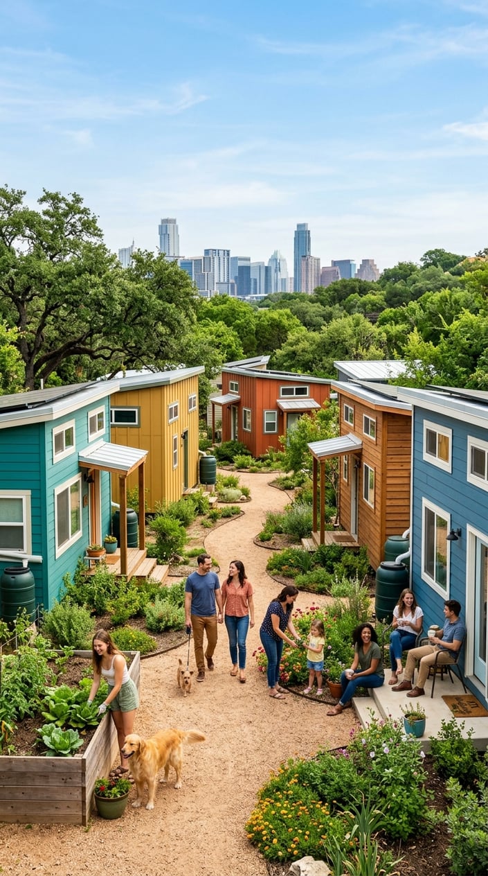 Best Tiny Home Communities in Austin, Texas: Compare Prices, Amenities & Locations 31 A group of tiny houses surrounded by trees with people walking and gardening in a neighborhood, with a city skyline visible in the background.