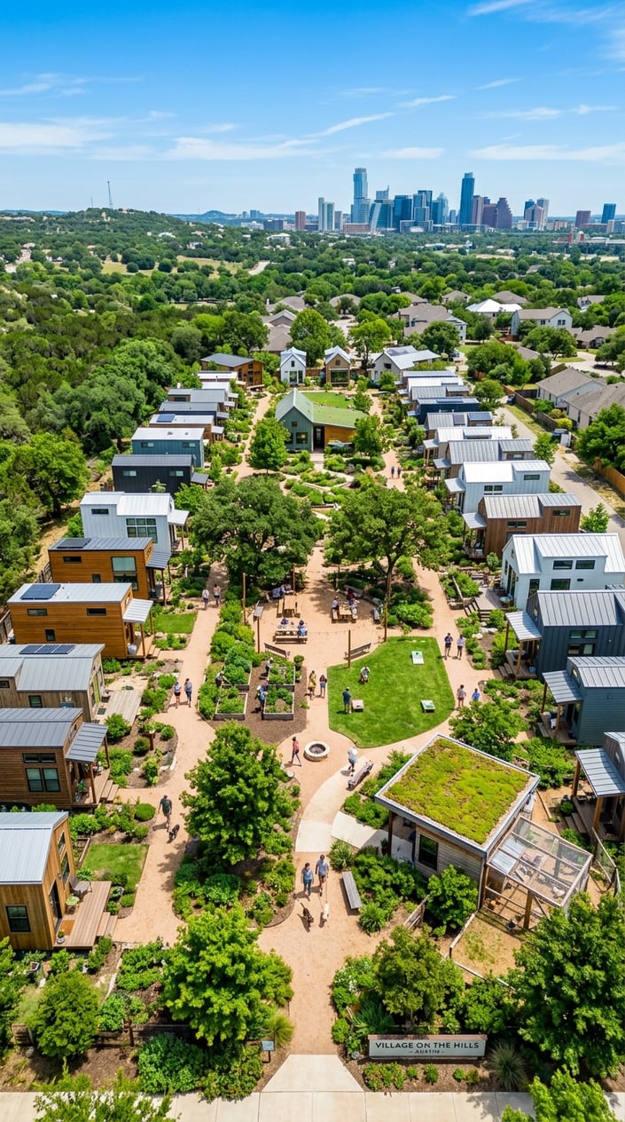 Best Tiny Home Communities in Austin, Texas: Compare Prices, Amenities & Locations 32 A sunny aerial view of a tiny home community with small houses, green trees, and people enjoying outdoor activities.