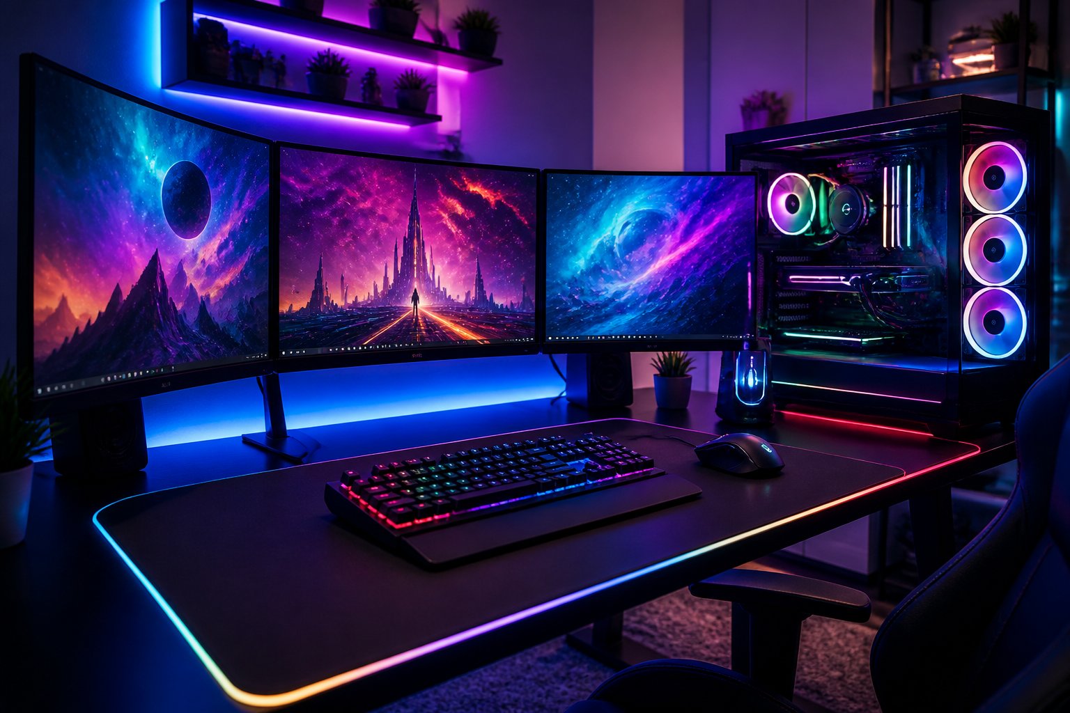 A modern gaming setup with multiple curved monitors, a mechanical keyboard, and colorful RGB lighting on a clean desk.