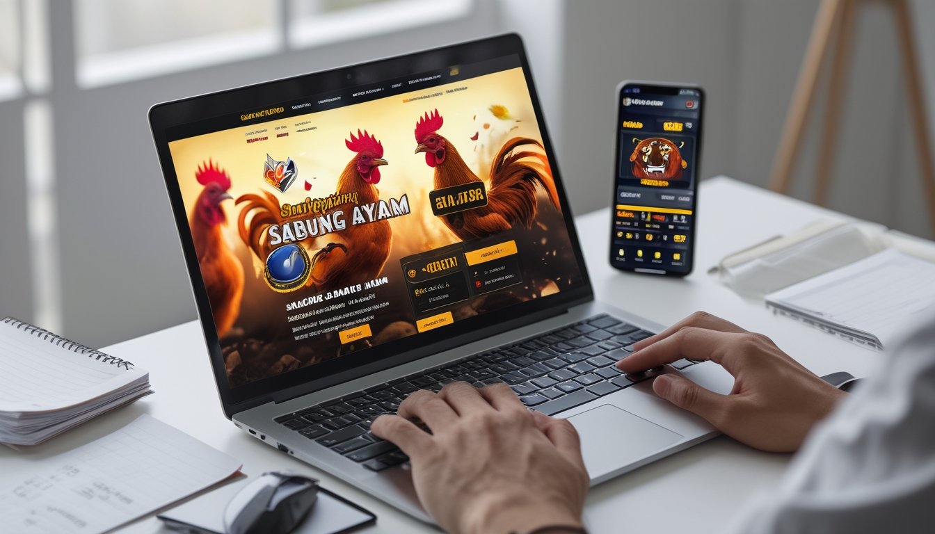 Seseorang menggunakan laptop di meja kerja dengan tampilan situs sabung ayam online dan catatan di sekitarnya.