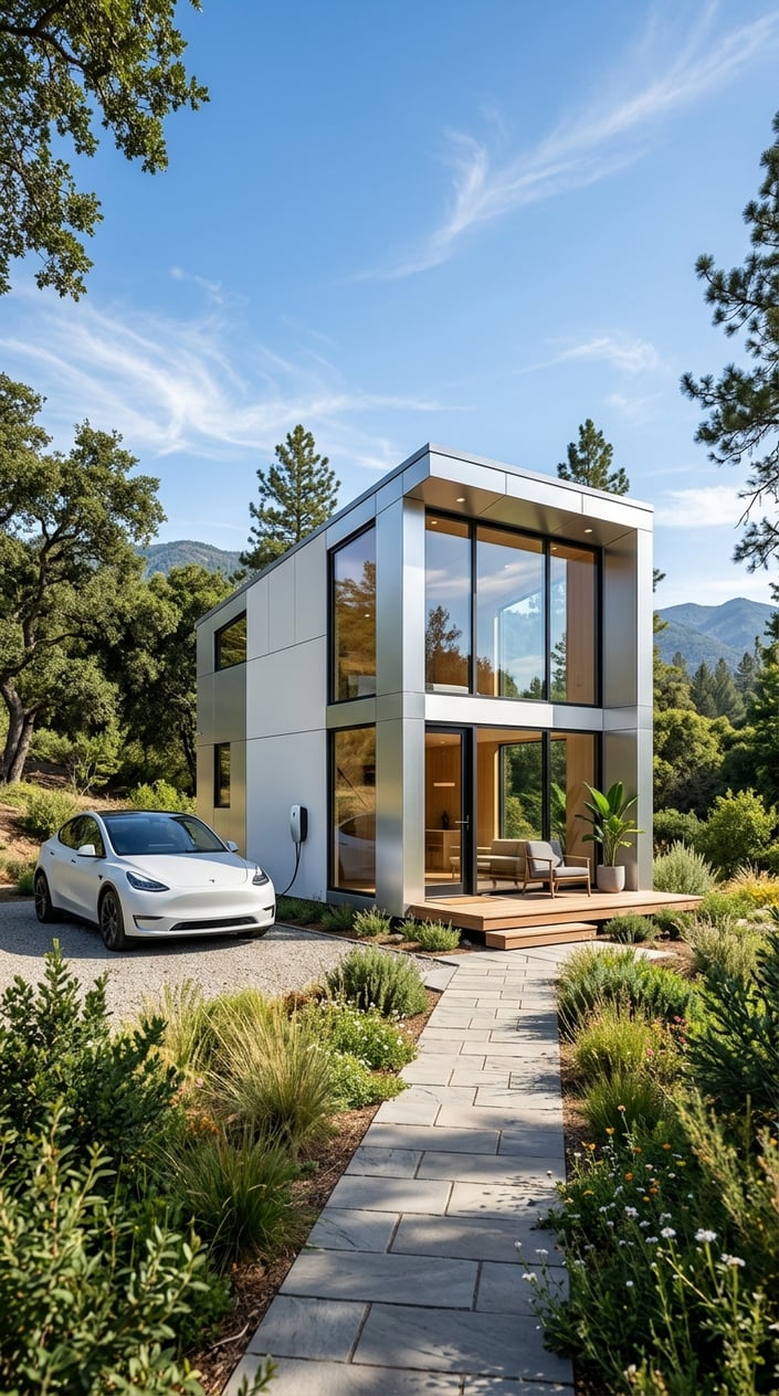 Where To Buy Tesla Tiny House: Official Sources, Pricing, and Availability 1 A modern tiny house with large windows and sleek design set outdoors with greenery and a Tesla electric car parked nearby.