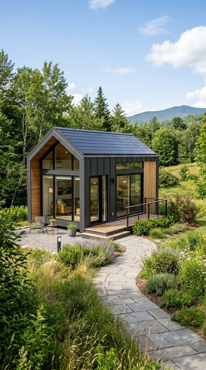 Where To Buy Tesla Tiny House: Official Sources, Pricing, and Availability 2 A modern tiny house with large windows and solar panels surrounded by greenery under a clear sky.