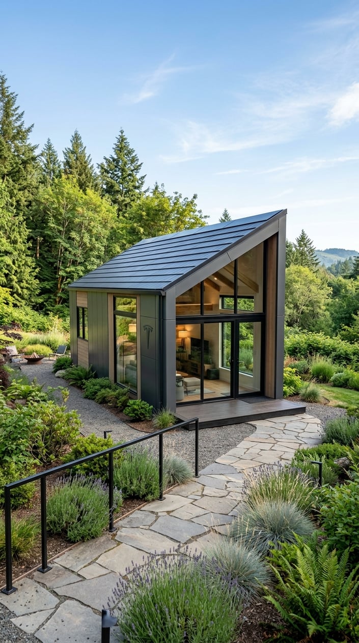 Where To Buy Tesla Tiny House: Official Sources, Pricing, and Availability 4 A modern tiny house with solar panels set in a green natural environment under a clear sky.