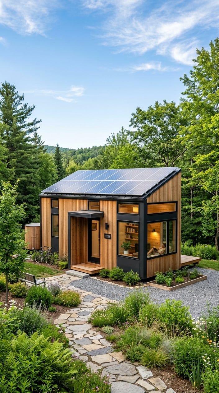 Where To Buy Tesla Tiny House: Official Sources, Pricing, and Availability 5 A modern tiny house with solar panels on the roof surrounded by greenery under a clear blue sky.