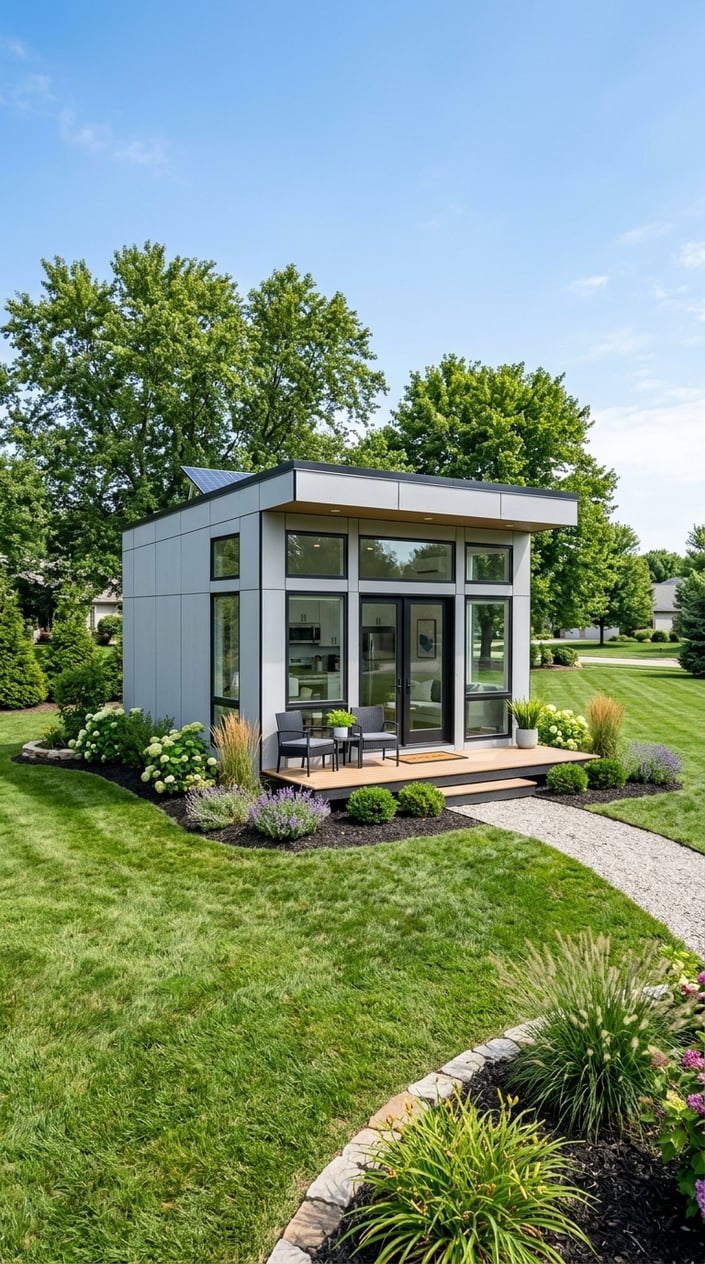 Where To Buy Tesla Tiny House: Official Sources, Pricing, and Availability 6 A modern tiny house with large windows in a peaceful outdoor setting surrounded by grass and trees.